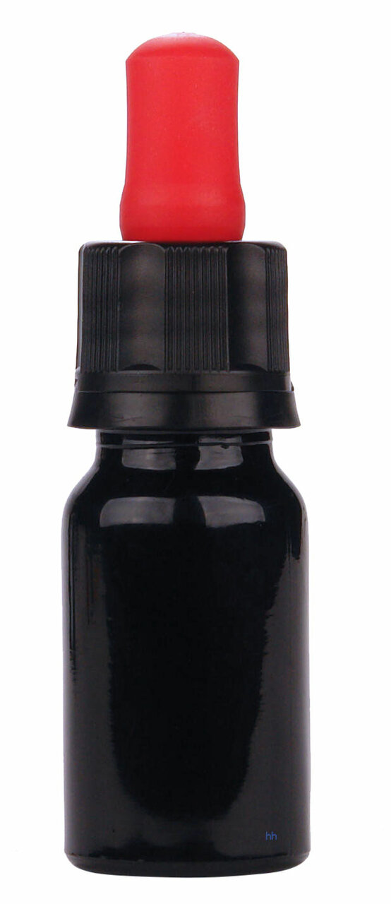 10ml zwart glazen flesje met rood/zwart pipetten met garantiesluiting  