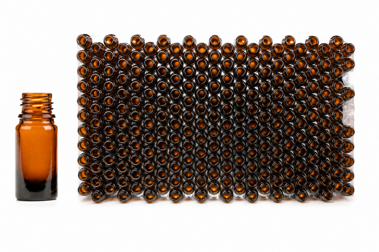 tray 240 amber bruine glazen druppelflesjes 5 ml DIN 18
