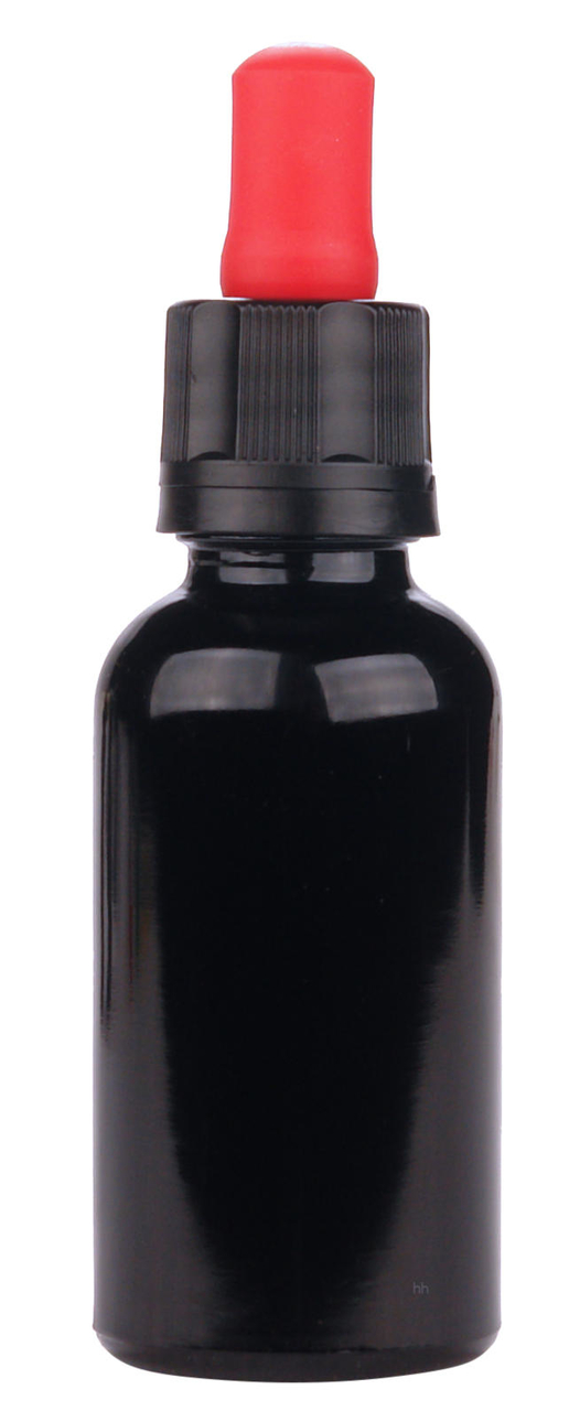Tray 110 zwart glazen flesjes 30ml met pipet zwart/rood