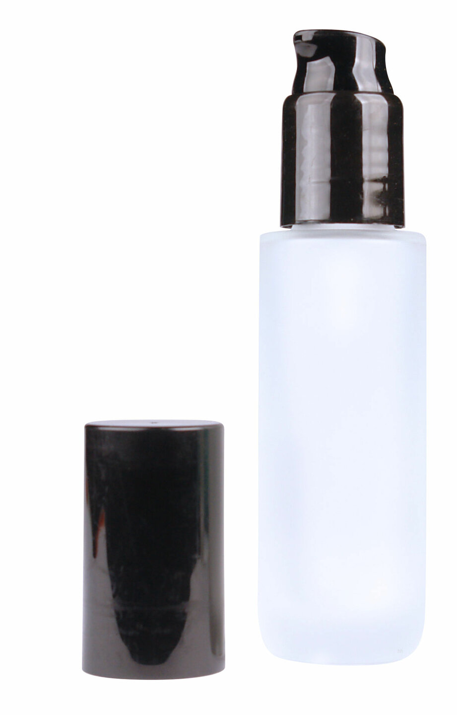 Glazen pompflesje 45 ml van mat glas met luxe doseerpomp en overcap.