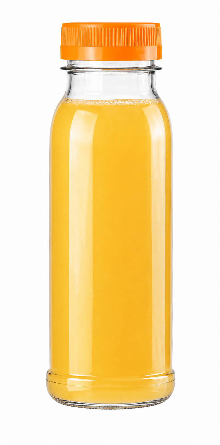 250 ml rPET sapfles met oranje draaidop gevuld als voorbeeld