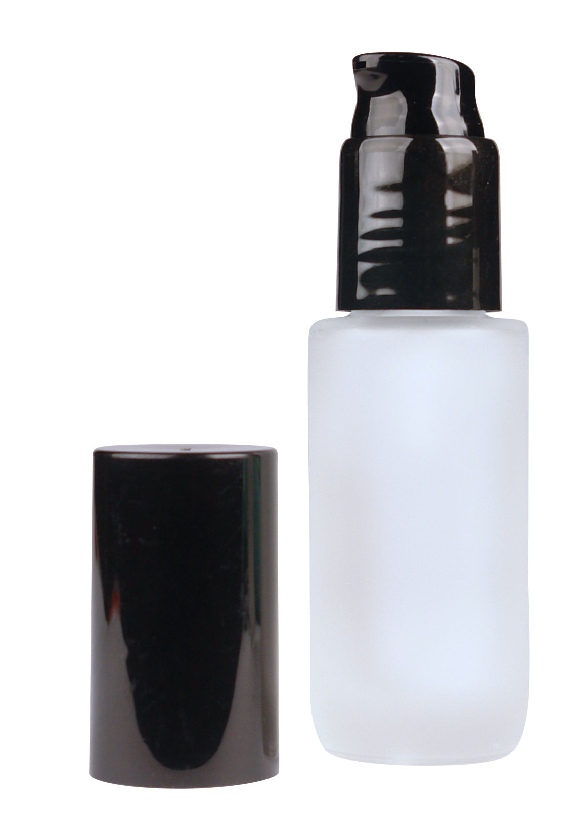 Glazen pompflesje 30 ml van mat glas met luxe doseerpomp en overcap.
