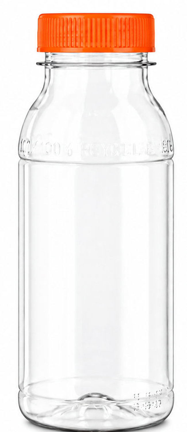 250 ml rPET sapfles met oranje draaidop gevuld als voorbeeld