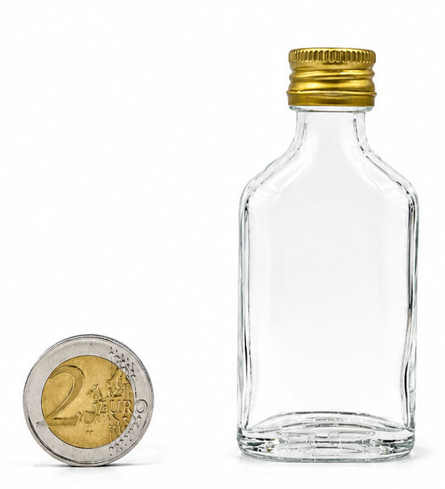 Mini glazen flesje 20 ml ovaal met gouden aluminium dop