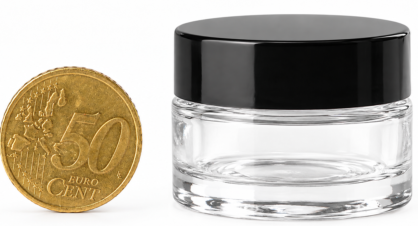 Klein helder glazen potje 15 ml met zwarte deksel