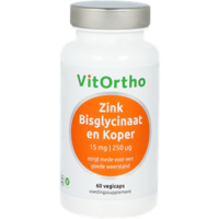 Zink Bisglycinaat 15 mg en Koper 250 mcg - 60Vcaps- Vitortho / NOW